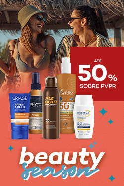 Produtos de Beleza beauty season com destaque promocional de at&eacute;  50% sobre pre&ccedil;o de Venda ao P&uacute;blico Recomendado
